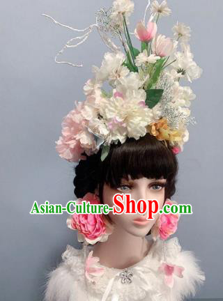Top White Flowers Chaplet Handmade Royal Crown Stage Show Headwear Wedding Princess Hair Accessories