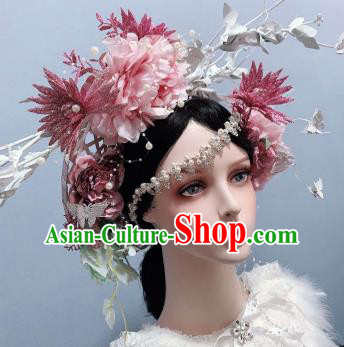 Top Stage Show Headwear Wedding Princess Hair Accessories Pink Peony Flowers Chaplet Handmade Royal Crown