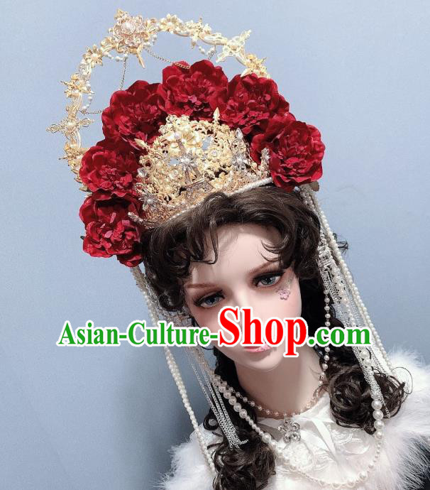 Handmade Goddess Headwear Europe Princess Red Roses Royal Crown Wedding Hair Accessories