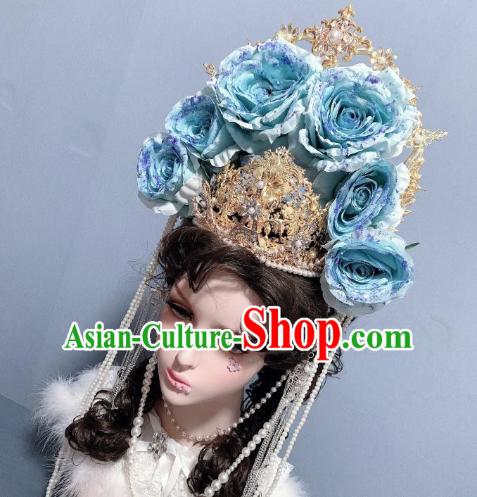 Handmade Wedding Hair Accessories Cosplay Goddess Headwear Europe Princess Blue Roses Royal Crown