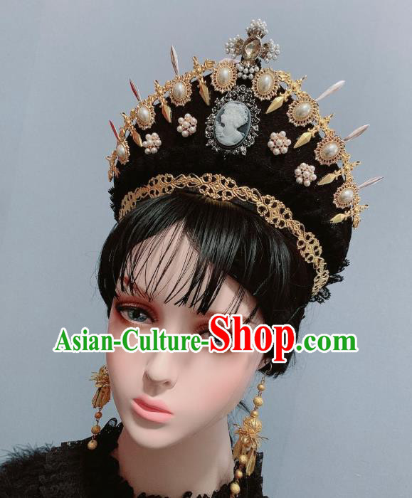 Handmade Europe Queen Pearls Royal Crown Baroque Wedding Hair Accessories Cosplay Goddess Headwear
