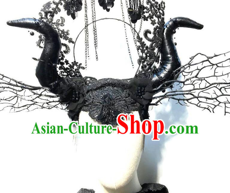 Handmade Halloween Cosplay Hair Accessories Gothic Queen Black Horn Royal Crown Stage Show Headdress