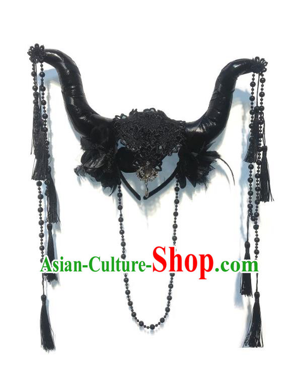 Handmade Queen Black Ox Horn Royal Crown Stage Show Headdress Halloween Cosplay Hair Accessories