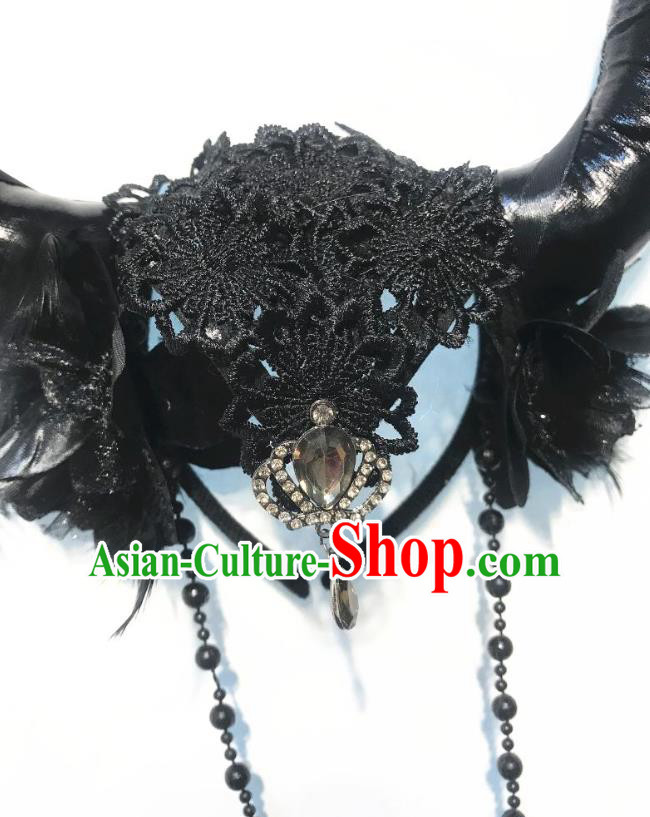Handmade Queen Black Ox Horn Royal Crown Stage Show Headdress Halloween Cosplay Hair Accessories