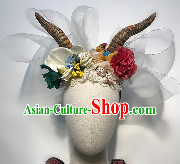 Handmade Stage Show Flowers Top Hat Headdress Halloween Cosplay Hair Accessories Princess Horn Royal Crown