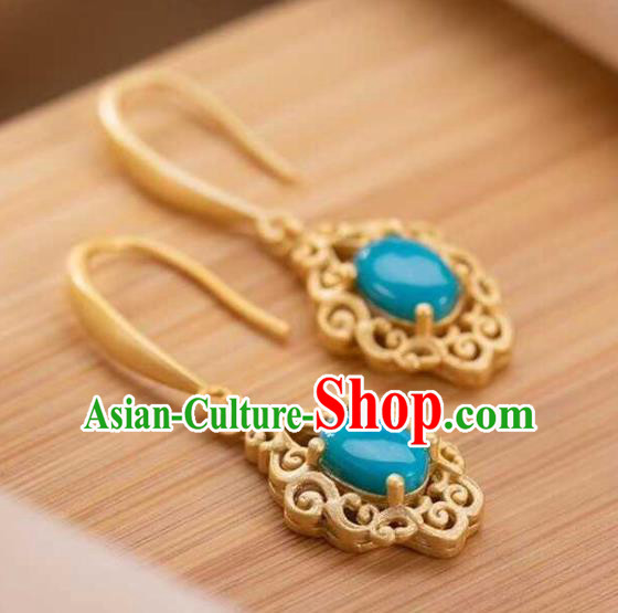 Handmade Chinese Traditional Kallaite Ear Accessories Cheongsam Golden Earrings Jewelry