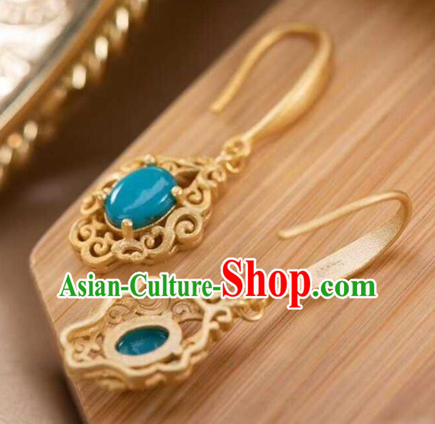 Handmade Chinese Traditional Kallaite Ear Accessories Cheongsam Golden Earrings Jewelry