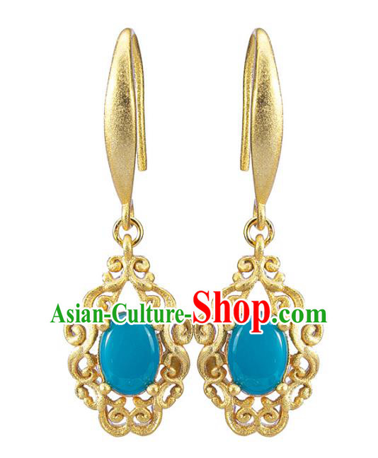 Handmade Chinese Traditional Kallaite Ear Accessories Cheongsam Golden Earrings Jewelry