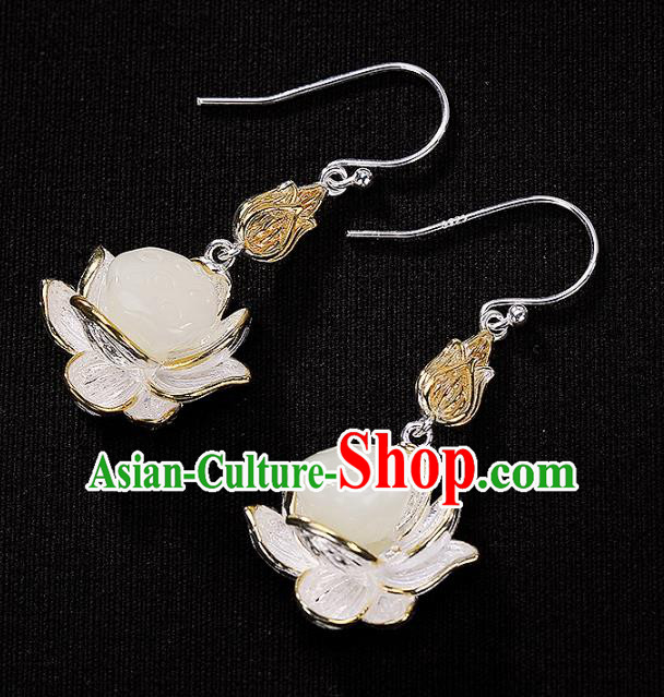 Handmade Chinese Traditional White Jade Lotus Seedpod Ear Accessories Cheongsam Earrings Jewelry