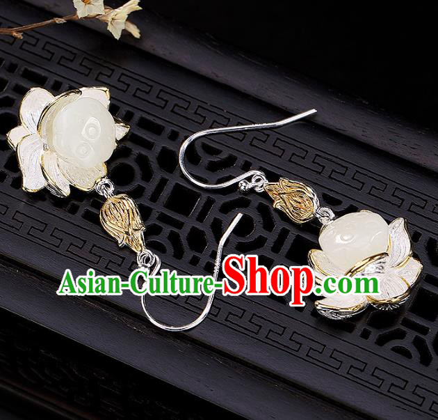 Handmade Chinese Traditional White Jade Lotus Seedpod Ear Accessories Cheongsam Earrings Jewelry