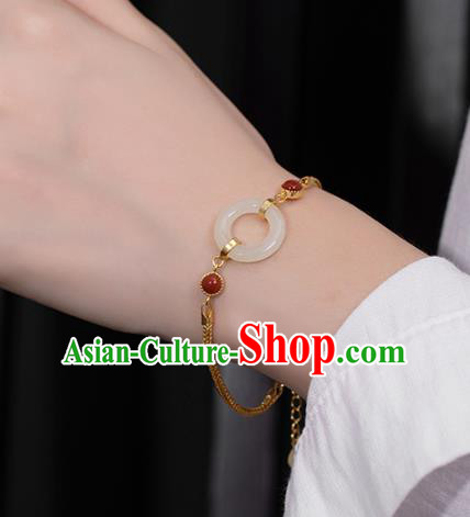 China Traditional National Accessories Red Coral Bracelet White Jade Ring Golden Bangle