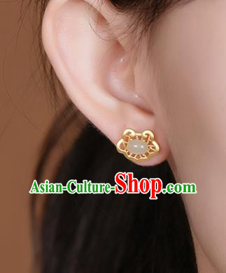 Handmade Chinese Traditional Golden Cloud Ear Accessories Classical Cheongsam Chalcedony Earrings Jewelry