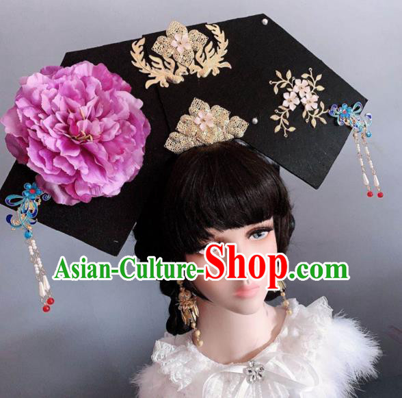 China Ancient Imperial Consort Hair Accessories Qing Dynasty Manchu Purple Peony Hat Traditional Giant Headwear