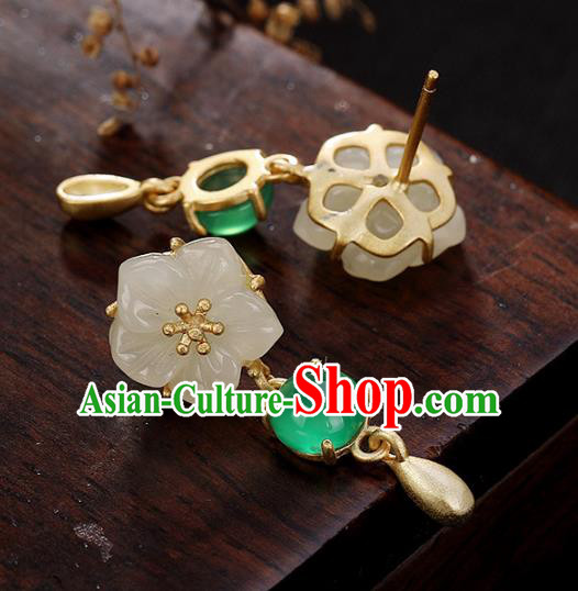 Handmade Chinese Traditional White Jade Plum Blossom Ear Accessories Classical Cheongsam Earrings Jewelry
