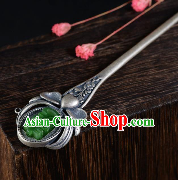 China Ancient Princess Hair Accessories Traditional National Jade Silver Hairpin