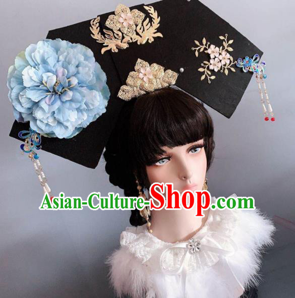 China Traditional Qing Dynasty Imperial Consort Blue Peony Hat Ancient Court Woman Headwear