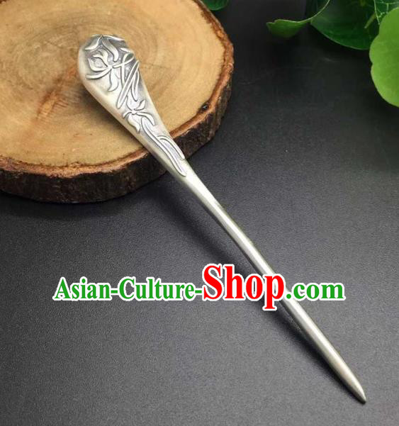 China Ancient Princess Hairpin Traditional National Carving Orchids Silver Hair Stick Handmade Hair Accessories