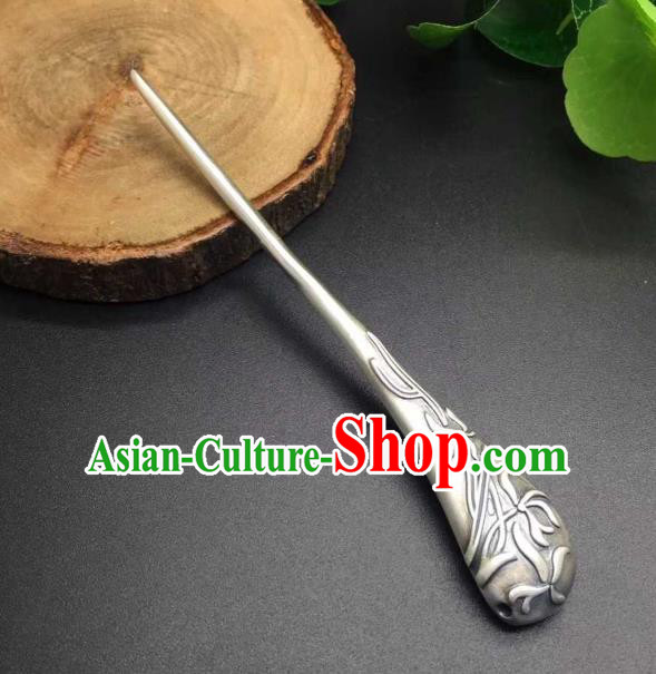 China Ancient Princess Hairpin Traditional National Carving Orchids Silver Hair Stick Handmade Hair Accessories