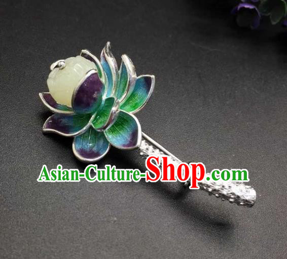 China Ancient Court Queen White Jade Breastpin Traditional Cloisonne Lotus Brooch Jewelry Accessories