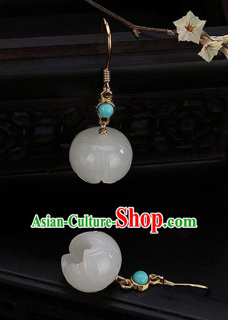 Handmade Chinese Traditional Qing Dynasty Court Ear Accessories Classical White Jade Lotus Earrings Jewelry