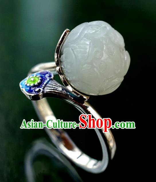 China Traditional Cloisonne Silver Jewelry Accessories Ancient Court Queen White Jade Lotus Seedpod Ring