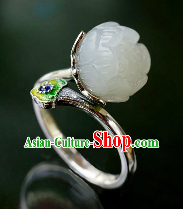 China Traditional Enamel Jewelry Accessories Ancient Court Queen White Jade Lotus Seedpod Silver Ring