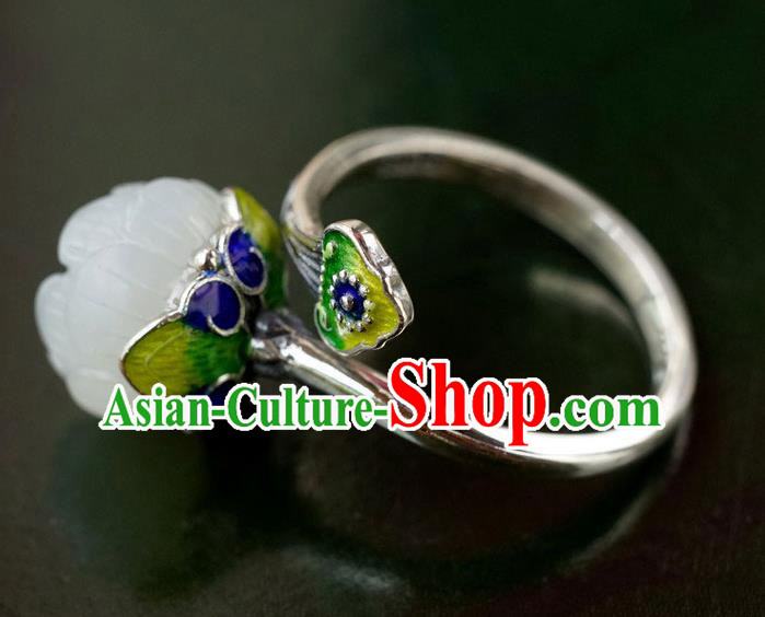 China Traditional Enamel Jewelry Accessories Ancient Court Queen White Jade Lotus Seedpod Silver Ring