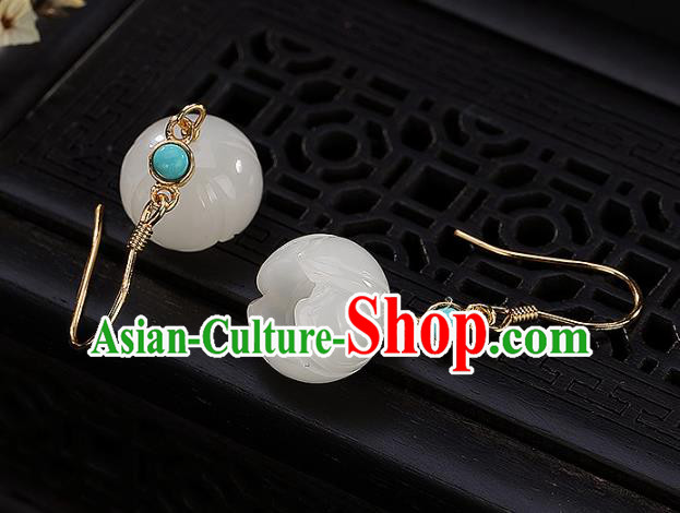 Handmade Chinese Traditional Qing Dynasty Court Ear Accessories Classical White Jade Lotus Earrings Jewelry