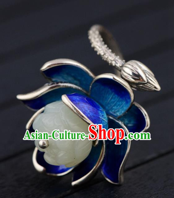 China Ancient Court Queen Cloisonne Lotus Ring Traditional Hanfu White Jade Jewelry Accessories