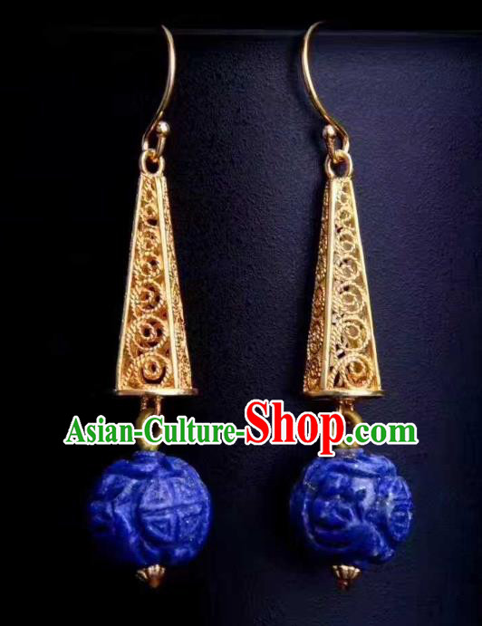 Handmade Chinese Traditional Lapis Ear Accessories Classical Qing Dynasty Court Earrings Jewelry
