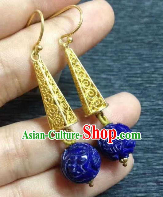 Handmade Chinese Traditional Lapis Ear Accessories Classical Qing Dynasty Court Earrings Jewelry