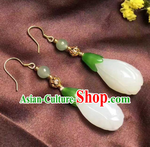 Handmade Chinese Traditional Ear Accessories Classical Qing Dynasty Court Jade Mangnolia Earrings Jewelry