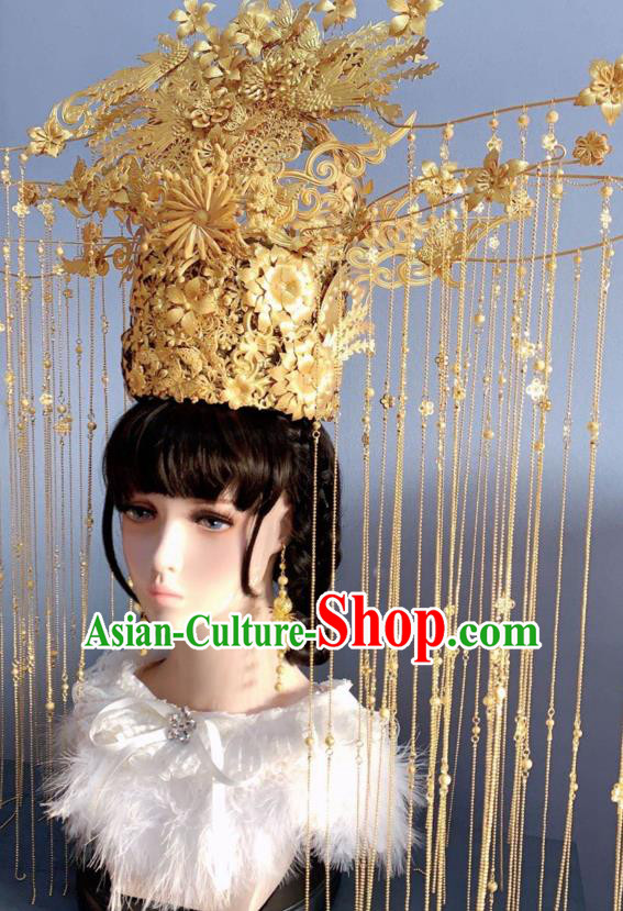 Handmade Chinese Traditional Wedding Hair Accessories Ancient Bride Deluxe Tassel Phoenix Coronet