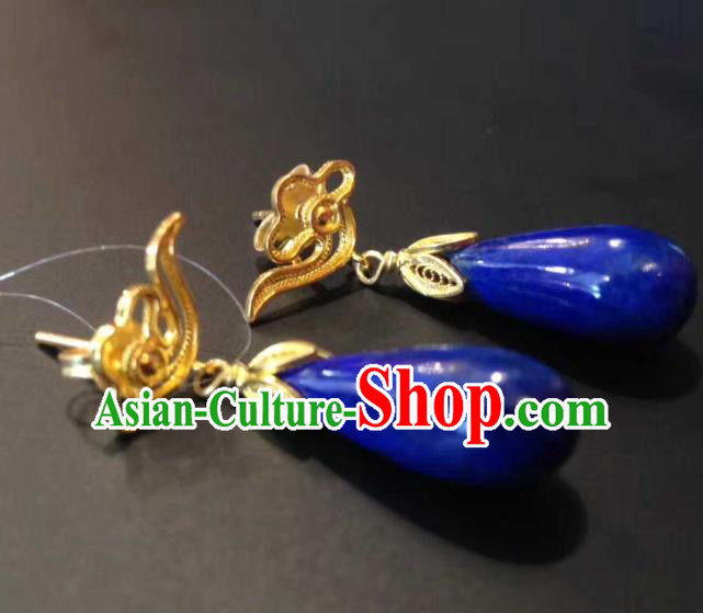 Handmade Chinese Classical Qing Dynasty Court Lapis Earrings Jewelry Traditional Ear Accessories