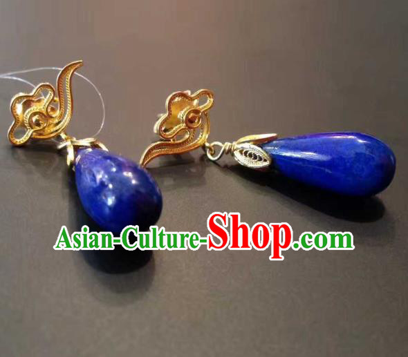 Handmade Chinese Classical Qing Dynasty Court Lapis Earrings Jewelry Traditional Ear Accessories