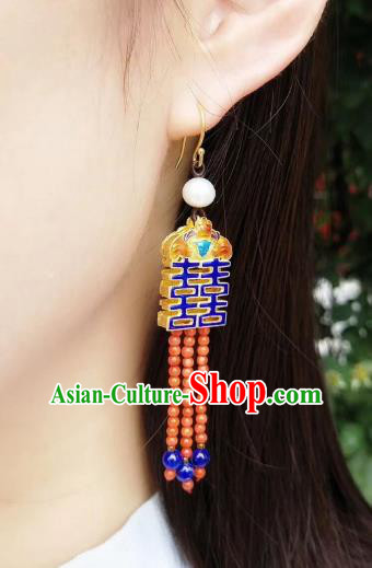 Handmade Chinese Qing Dynasty Red Beads Tassel Earrings Jewelry Traditional Classical Wedding Bride Ear Accessories