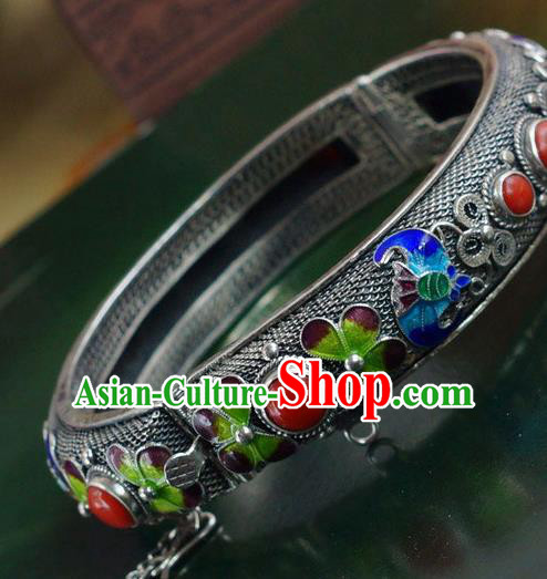 China Traditional Handmade Cloisonne Bat Bracelet National Silver Bangle Accessories