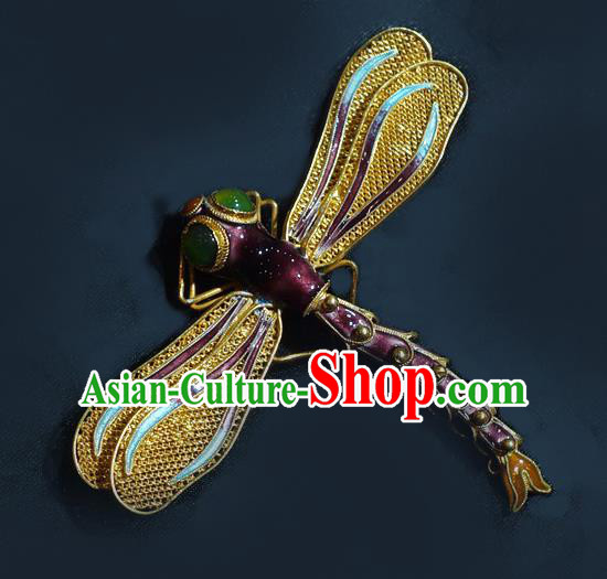 China Traditional Qing Dynasty Enamel Purple Dragonfly Brooch Jewelry Accessories Ancient Court Queen Gems Breastpin