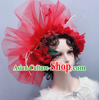 Top Stage Show Princess Headwear Handmade Royal Crown Wedding Hair Accessories Red Veil Top Hat
