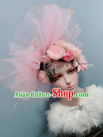 Stage Show Pink Veil Top Hat Handmade Noble Lady Wedding Hair Accessories Europe Princess Headwear