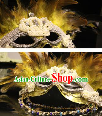 Top Stage Performance Yellow Feather Face Accessories Fancy Ball Decorations Halloween Cosplay Mask Crystal Blinder