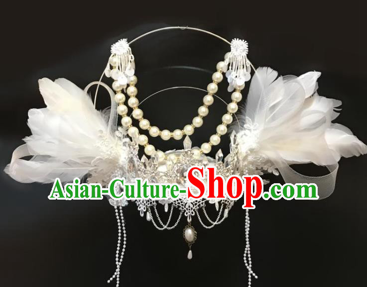 Handmade Cosplay Gothic Queen Royal Crown Stage Show Hair Clasp Halloween White Feather Wings Hair Accessories