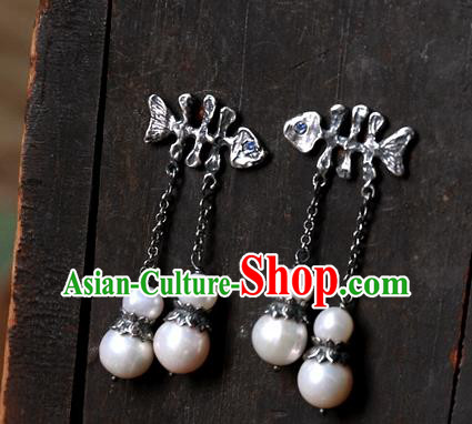 China Traditional Silver Jewelry National Fishbone Earrings Handmade Ear Accessories