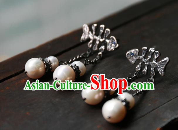 China Traditional Silver Jewelry National Fishbone Earrings Handmade Ear Accessories