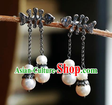 China Traditional Silver Jewelry National Fishbone Earrings Handmade Ear Accessories