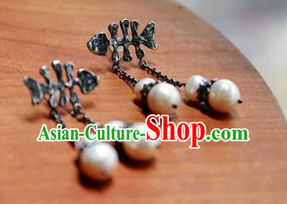 China Traditional Silver Jewelry National Fishbone Earrings Handmade Ear Accessories