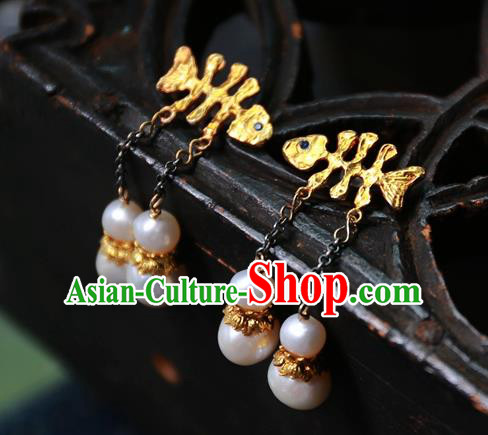 China Traditional Jewelry Handmade Ear Accessories National Golden Fishbone Earrings