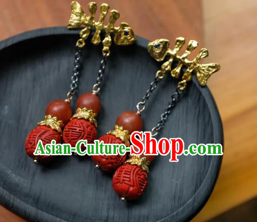 China Traditional Vermilion Carving Beads Jewelry Handmade Ear Accessories National Golden Fishbone Tassel Earrings