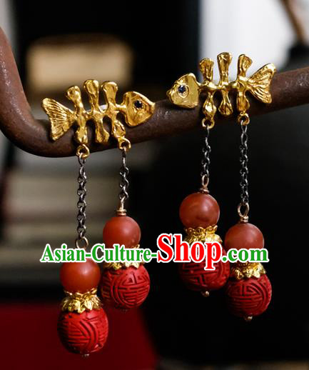 China Traditional Vermilion Carving Beads Jewelry Handmade Ear Accessories National Golden Fishbone Tassel Earrings