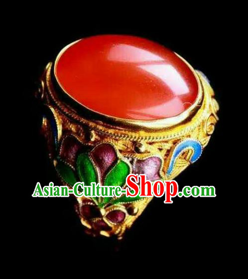 China Ancient Court Queen Agate Ring Traditional Qing Dynasty Cloisonne Jewelry Accessories